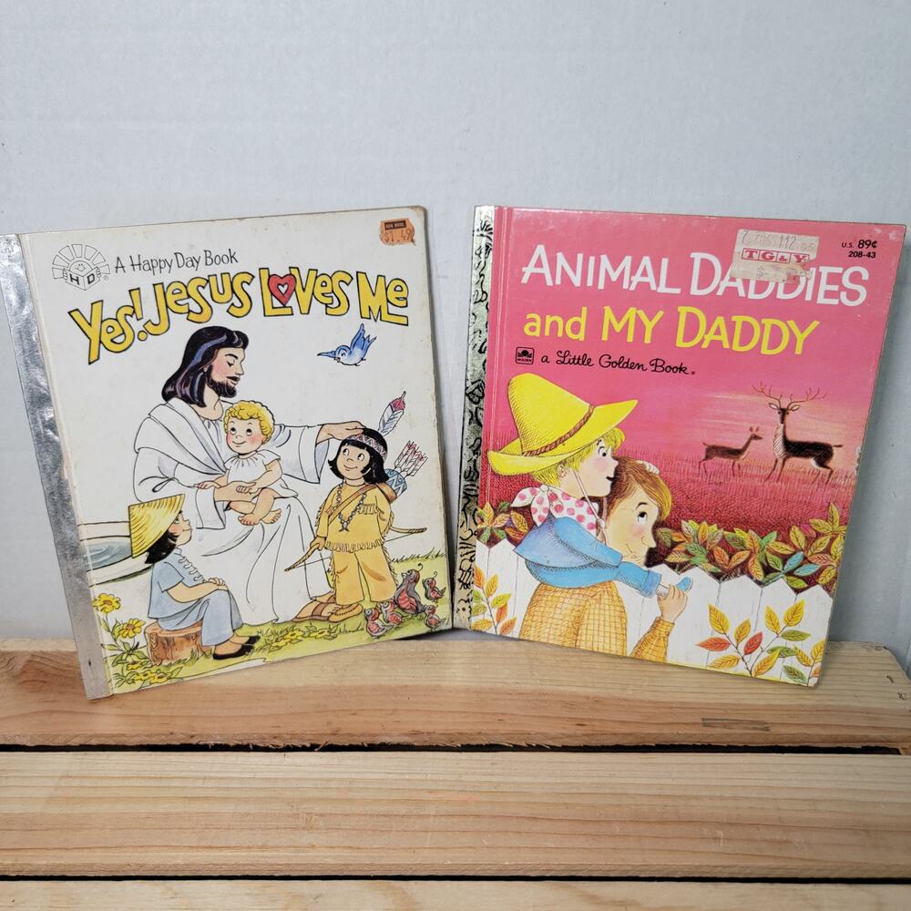 VINTAGE 2 Little Golden Books: Yes! Jesus Loves Me & Animal Daddies (hardback)